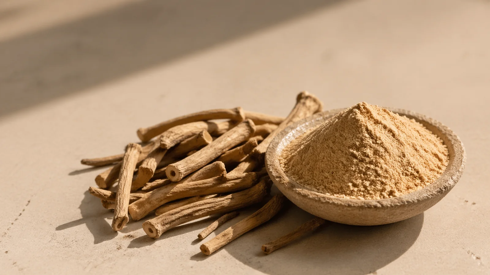 Ашваганда корени и прах на светла повърхност
