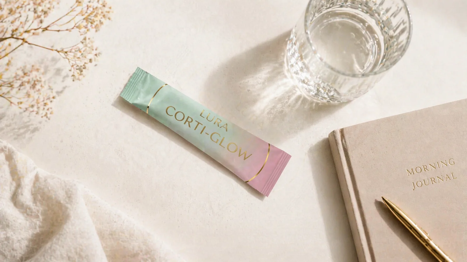 Corti-Glow саше в flatlay композиция с чаша вода