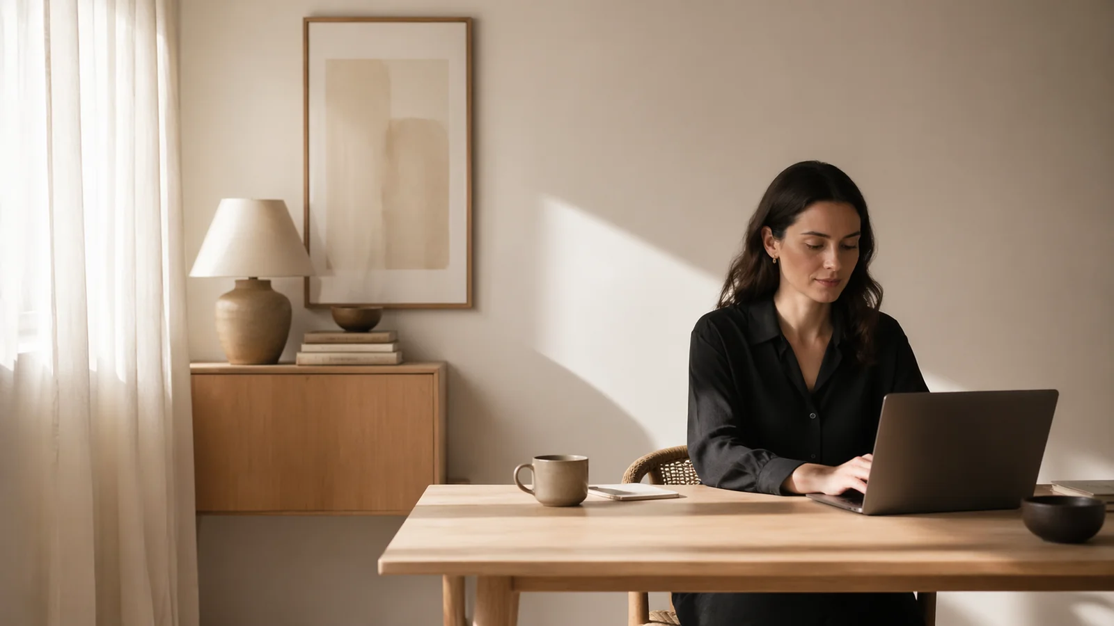 Жена работи спокойно на лаптоп в минималистично домашно пространство